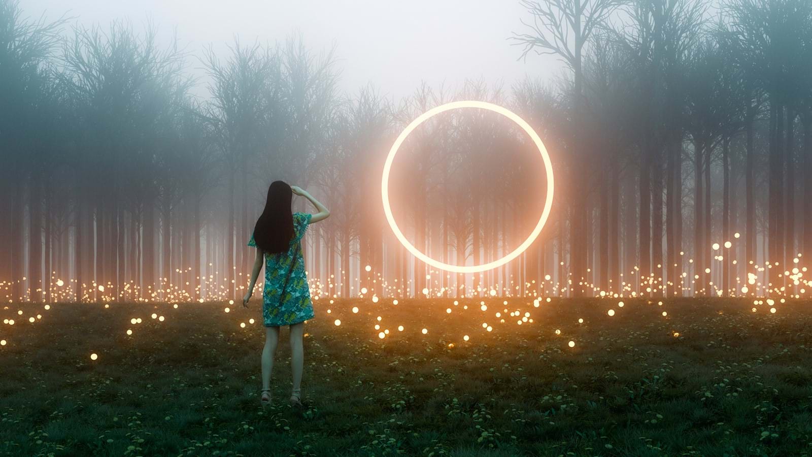 Woman in front of glowing circle which represents a digital front door